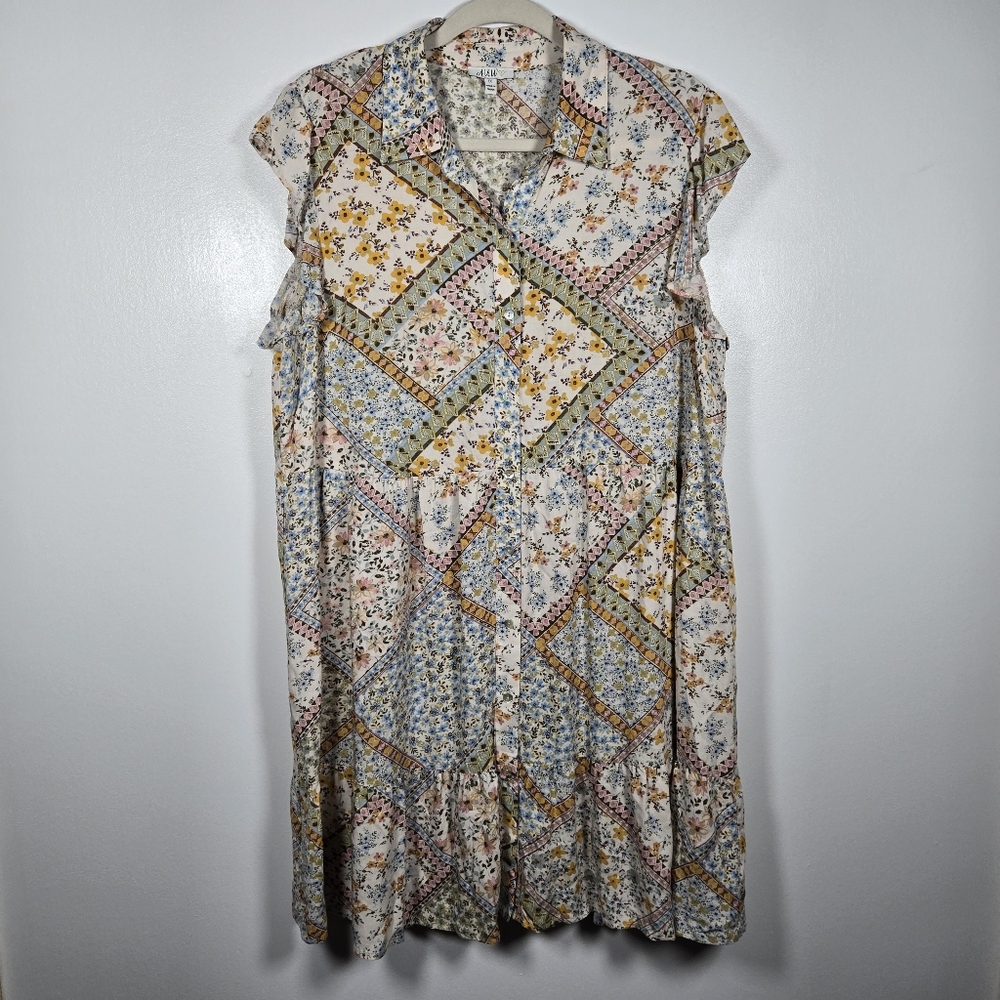 AUW Ditsy Floral Patchwork Ruffle Button Front Cottagecore Dress Plus Size 1X